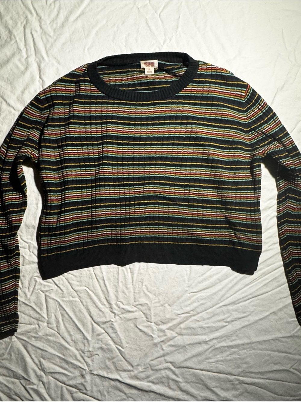 Mossimo Crop Top Sweater Long Sleeve Size XL Striped Multicolor Black Crew Neck